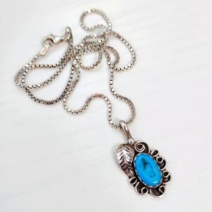 NAVAJO Artist BVL Sterling Silver Floral Leaf Turquoise Pendant Necklace